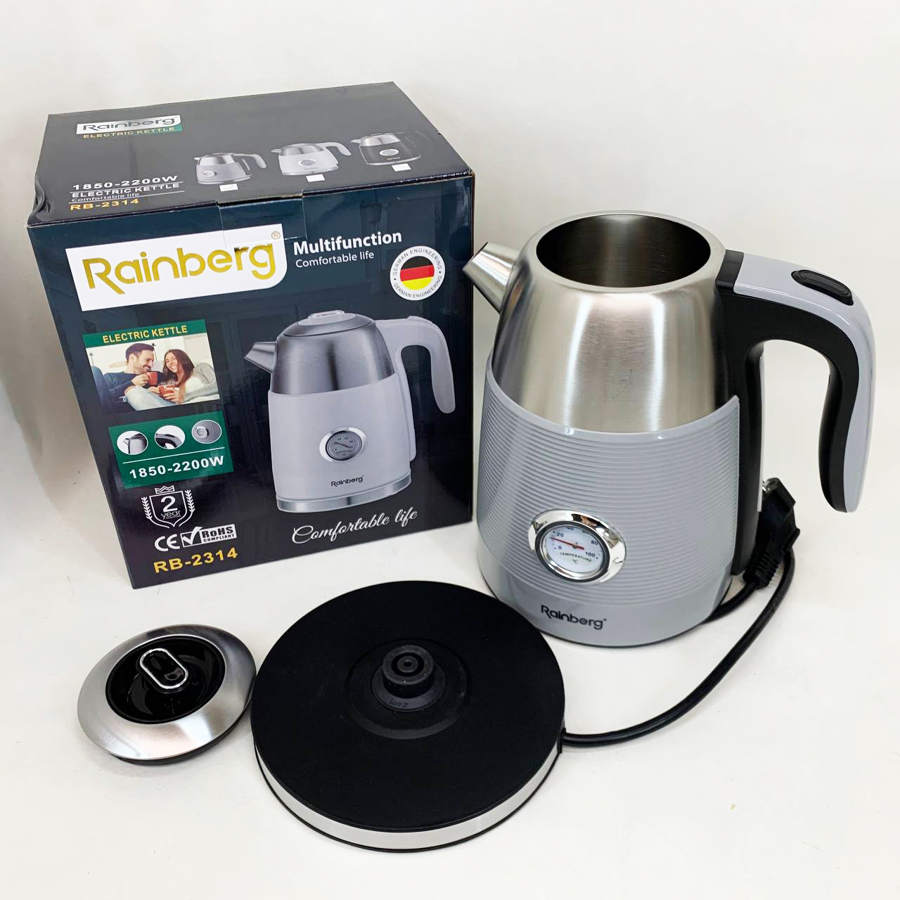 Чайник електричний із датчиком температури Rainberg RB-2314 2200Вт 1.7л Gray - Зображення 3