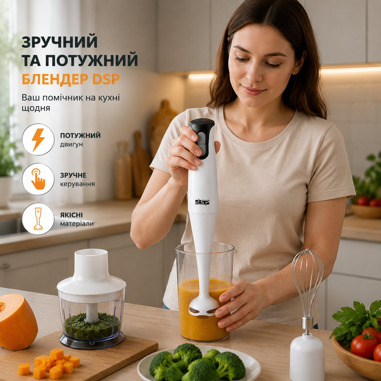 Блендер занурювальний ручний DSP KM-1003 400W 4 в 1 / Подрібнювач DSP с насадками / 4в1 білий подрібнювач міксер - Зображення 3