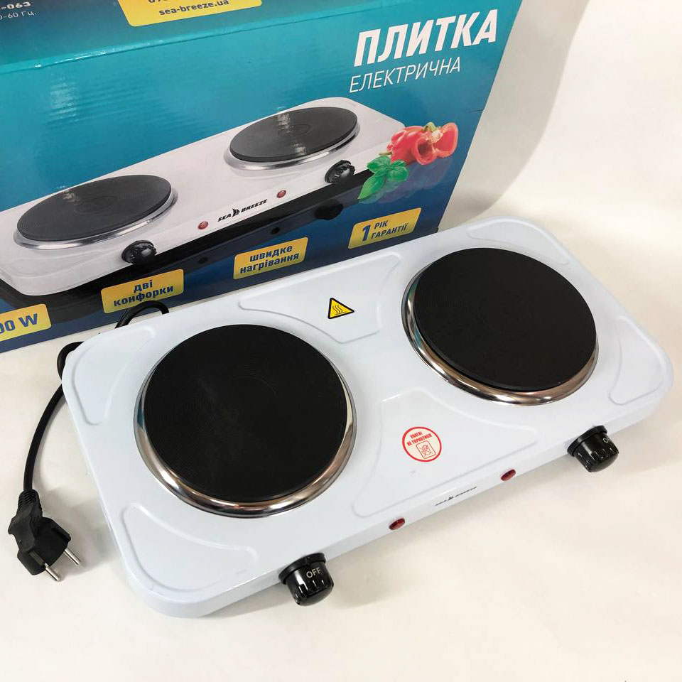 Настільна плита електрична Sea Breeze SB-063, подвійна електроплита, двокомфорочна White 1 Настільна плита електрична Sea Breeze SB-063, подвійна електроплита, двокомфорочна White