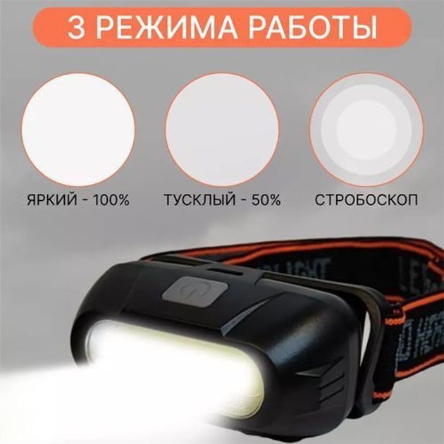 Ліхтар акумуляторний налобний KX-213-COB, Налобний тактичний ліхтар, Налобний ліхтар для автомеханіка - Зображення 6