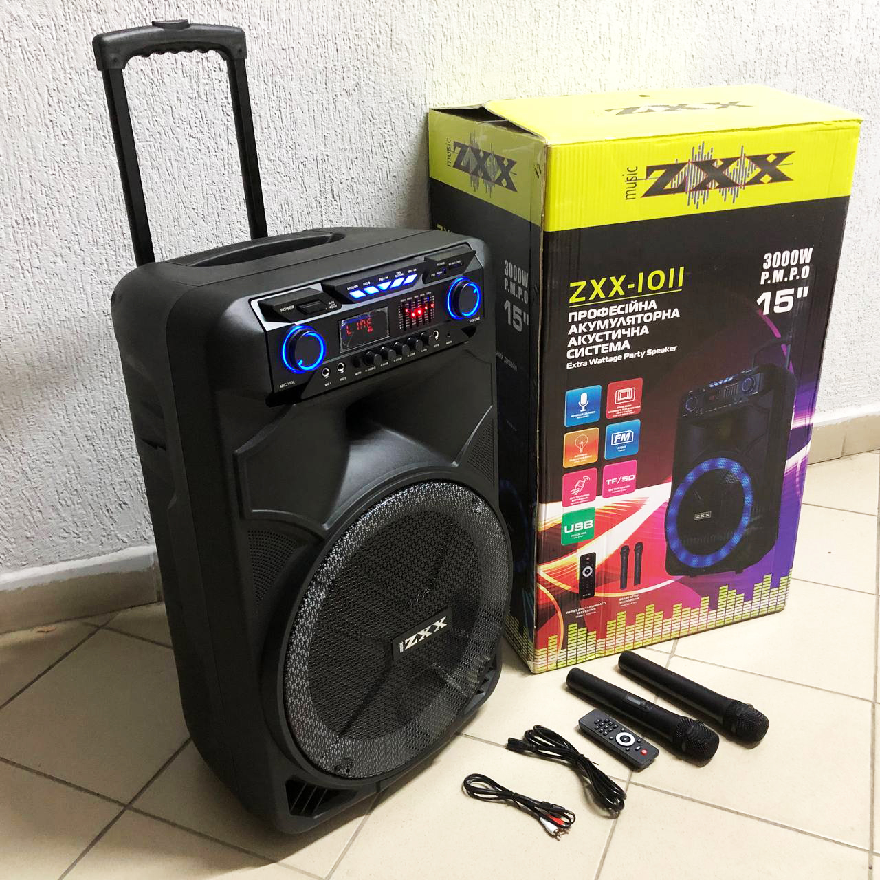 Професійна акумуляторна акустична система ZXX-1011 800 Вт 15" зі світломузикою та мікрофонами - Зображення 7