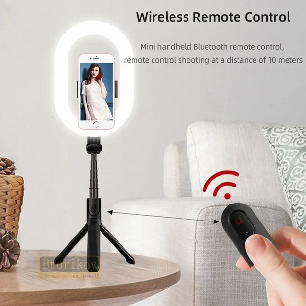 Монопод-штатив для селфі з кільцевою LED лампою Selfie Stick A8 телескопічний з пультом та Bluetooth 5 Монопод-штатив для селфі з кільцевою LED лампою Selfie Stick A8 телескопічний з пультом та Bluetooth - Зображення 5