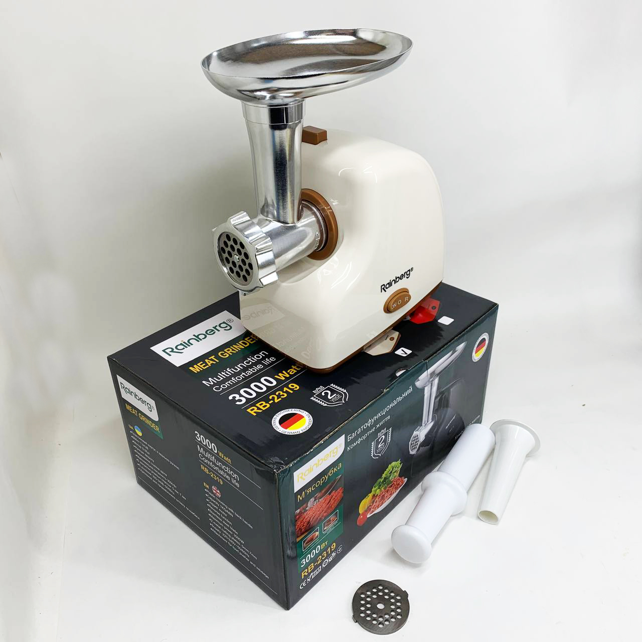 М'ясорубка електрична Rainberg RB-2319 із системою реверсу насадка куббе 3000Вт Beige 3 М'ясорубка електрична Rainberg RB-2319 із системою реверсу насадка куббе 3000Вт Beige - Зображення 3