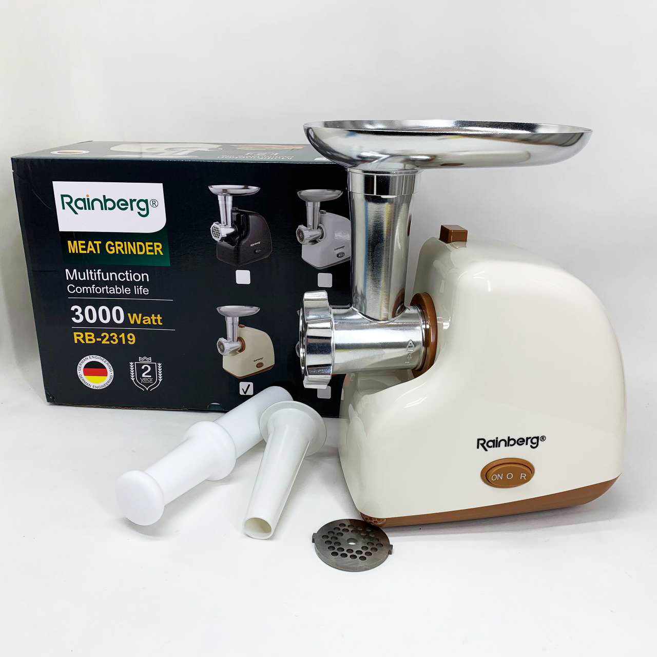 М'ясорубка електрична Rainberg RB-2319 із системою реверсу насадка куббе 3000Вт Beige 1 М'ясорубка електрична Rainberg RB-2319 із системою реверсу насадка куббе 3000Вт Beige