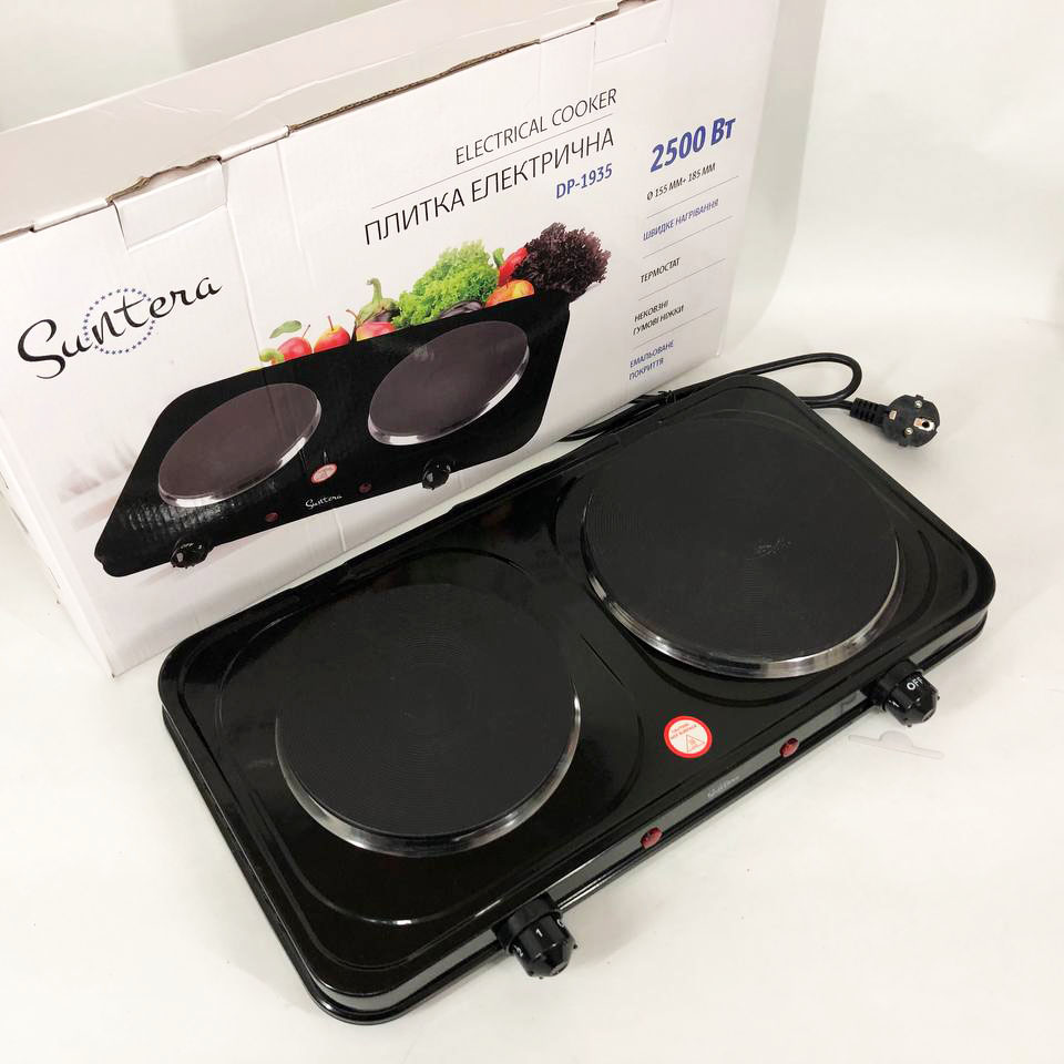 Плитка настільна електрична Suntera DP-1935B, 2500 W, 2 конфорки різного діаметру Black