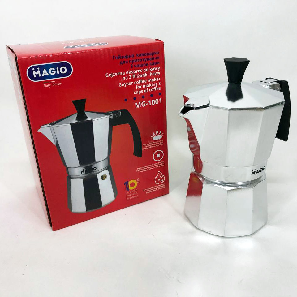 Гейзерна кавоварка Magio MG-1001 150 мл, гейзерна турка для кави, гейзерна кавоварка з нержавіючої сталі 1 Гейзерна кавоварка Magio MG-1001 150 мл, гейзерна турка для кави, гейзерна кавоварка з нержавіючої сталі