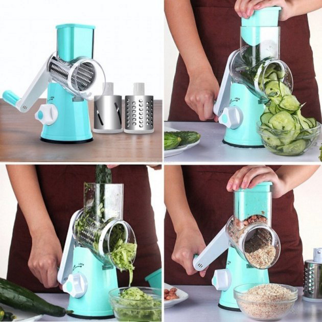 Овочерізка мультислайсер Tabletop Drum Grater Kitchen Master Терка для овочів та фруктів 3 насадки. Колір: блакитний - Зображення 7