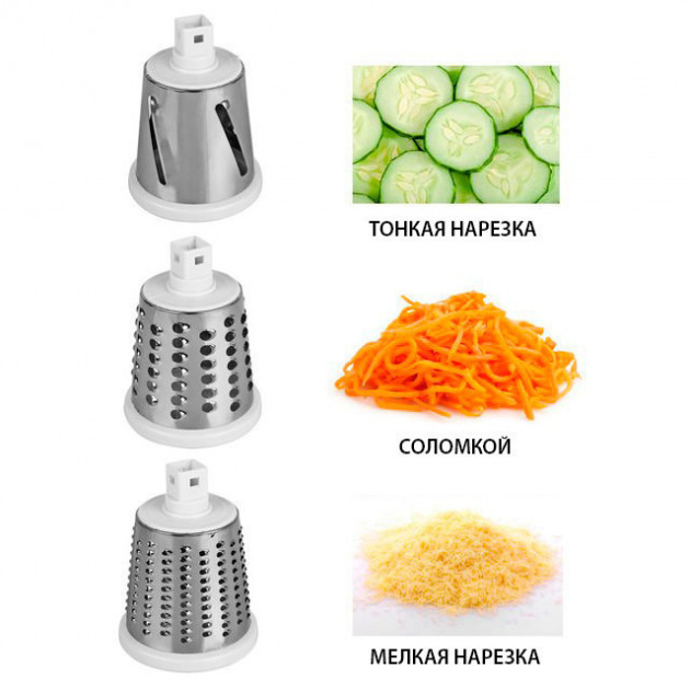 Овочерізка мультислайсер Tabletop Drum Grater Kitchen Master Терка для овочів та фруктів 3 насадки. Колір: білий - Зображення 4