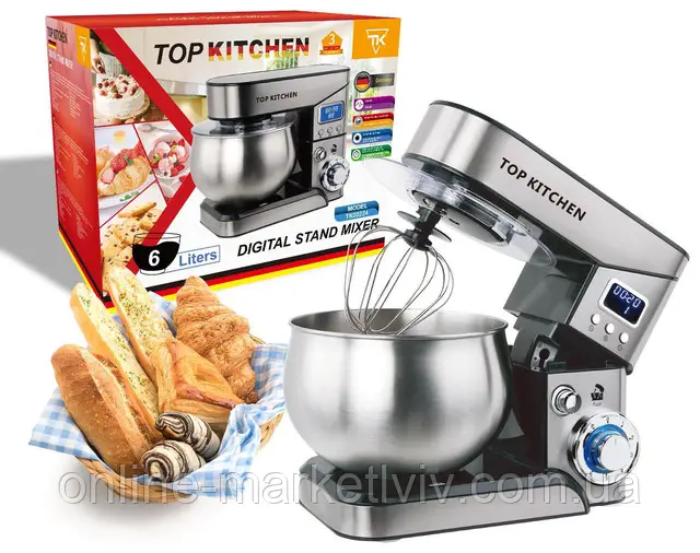 Міксер планетарний з чашею 6л, 4000Вт, Top Kitchen TК00224 / Кухонний тістоміс для дому / Кухонна машина - Зображення 5