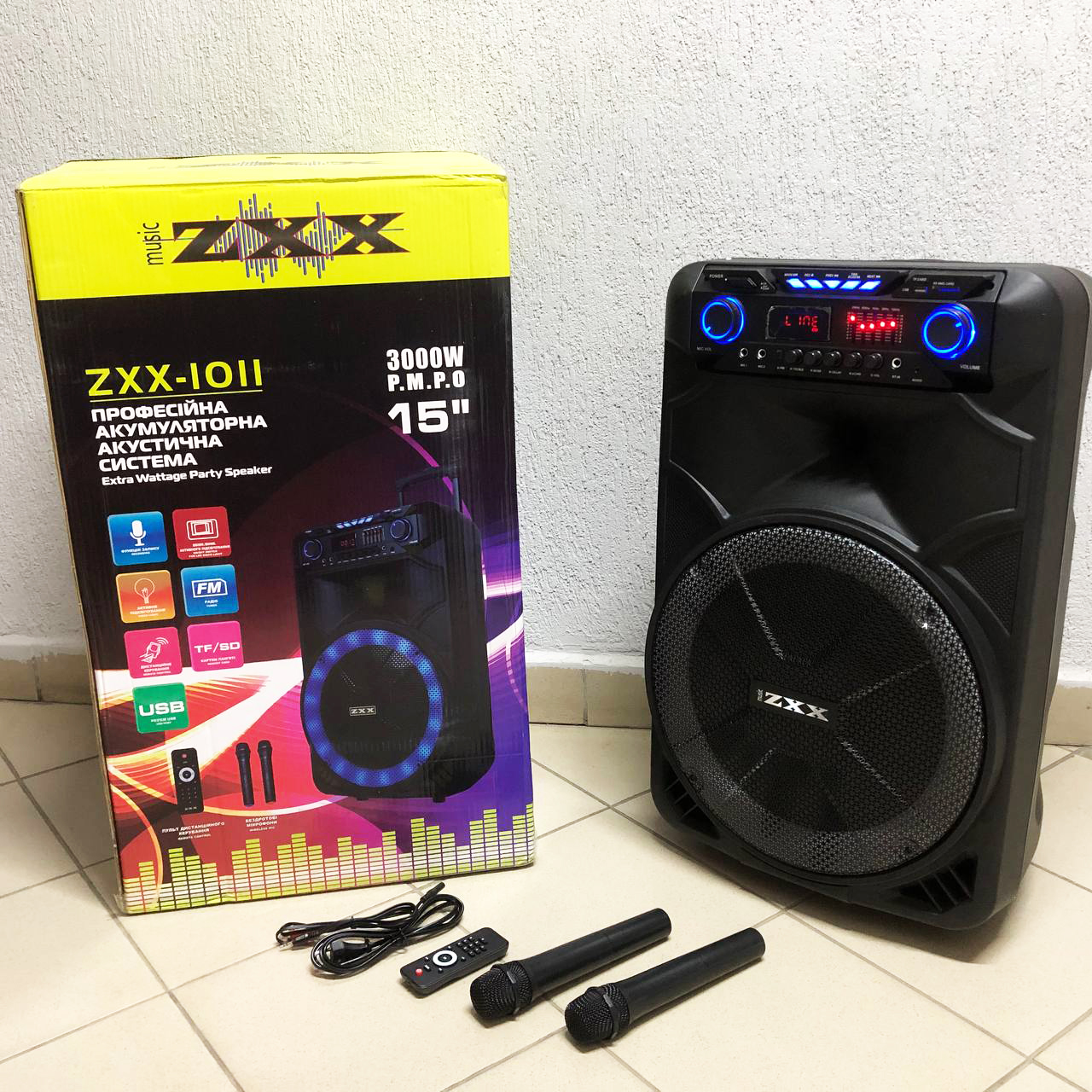 Професійна акумуляторна акустична система ZXX-1011 800 Вт 15" зі світломузикою та мікрофонами - Зображення 3