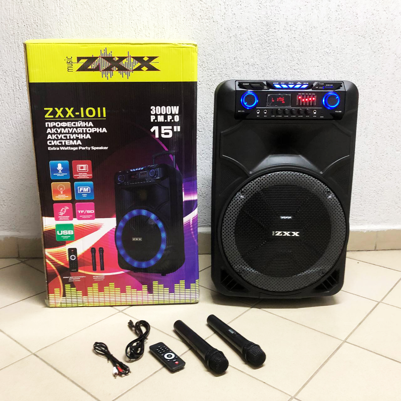 Професійна акумуляторна акустична система ZXX-1011 800 Вт 15" зі світломузикою та мікрофонами - Зображення 5