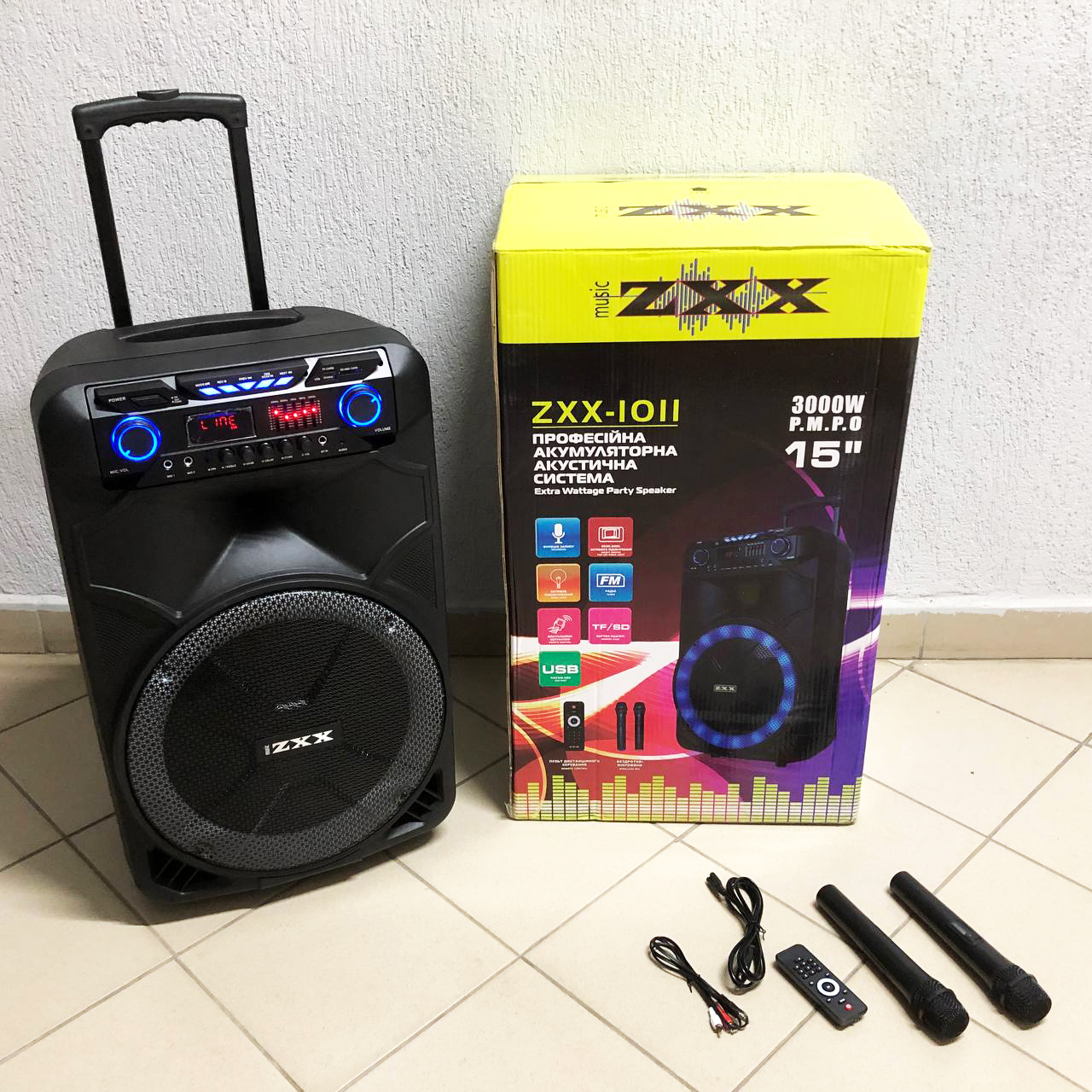 Професійна акумуляторна акустична система ZXX-1011 800 Вт 15" зі світломузикою та мікрофонами - Зображення 6