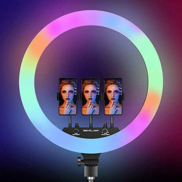 Кільцева LED лампа RGB MJ45 Ring 45 см комплектація адаптер із вбудованим кабелем, тримачі для телефону, пульт - Зображення 6