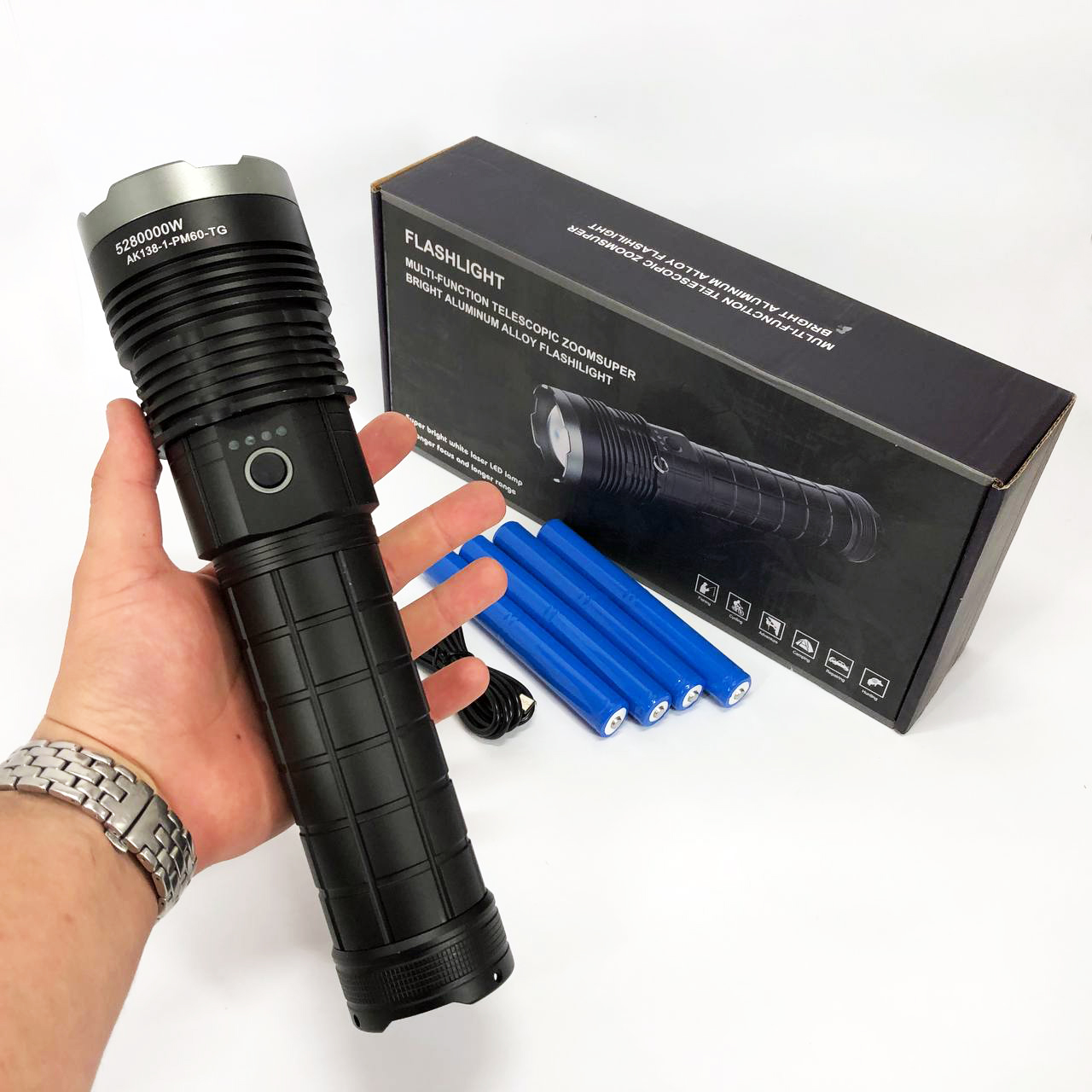Ліхтар ручної моделі Police AK138-1 WHITE LASER LED PM60-TG 8х18650, USB-зарядка, Power Bank, зум 2 Ліхтар ручної моделі Police AK138-1 WHITE LASER LED PM60-TG 8х18650, USB-зарядка, Power Bank, зум - Зображення 2