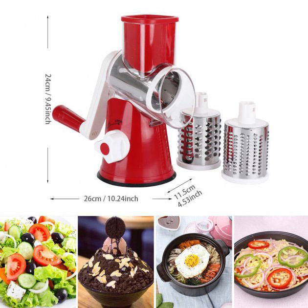 Овочерізка мультислайсер Tabletop Drum Grater Kitchen Master Терка для овочів та фруктів 3 насадки. Колір: червоний - Зображення 4