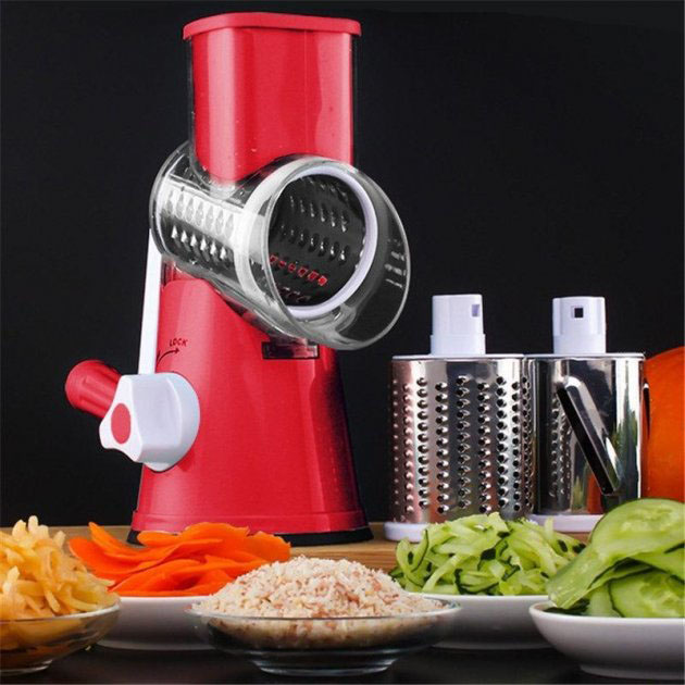 Овочерізка мультислайсер Tabletop Drum Grater Kitchen Master Терка для овочів та фруктів 3 насадки. Колір: червоний - Зображення 5