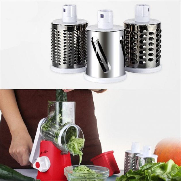Овочерізка мультислайсер Tabletop Drum Grater Kitchen Master Терка для овочів та фруктів 3 насадки. Колір: червоний - Зображення 6