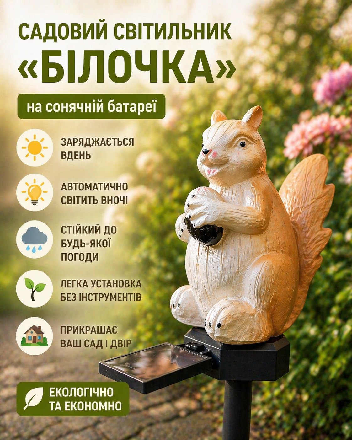 Садовий світильник на сонячній батареї / Світлодіодний вуличний декоративний світильник Білка 2 Садовий світильник на сонячній батареї / Світлодіодний вуличний декоративний світильник Білка - Зображення 2