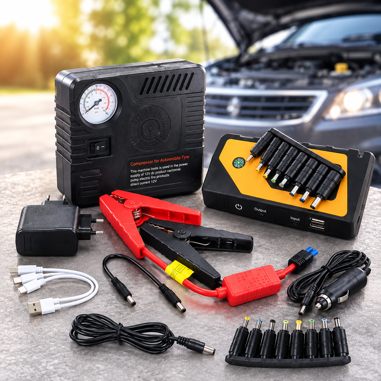 Автомобільний пускозарядний пристрій Jump Starter 9980 мАг з компресором у кейсі 1 Автомобільний пускозарядний пристрій Jump Starter 9980 мАг з компресором у кейсі