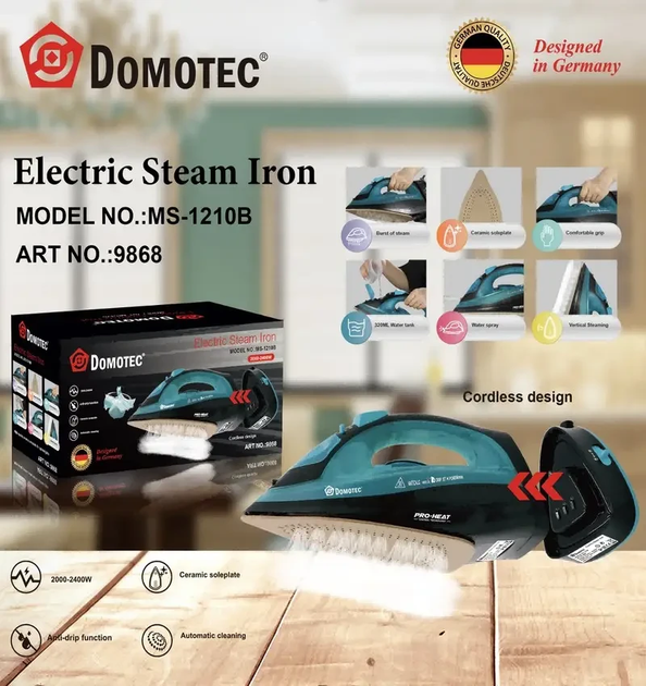 Бездротова праска Domotec MS-1210B з відпарювачем 2400 Вт 4 Бездротова праска Domotec MS-1210B з відпарювачем 2400 Вт - Зображення 4