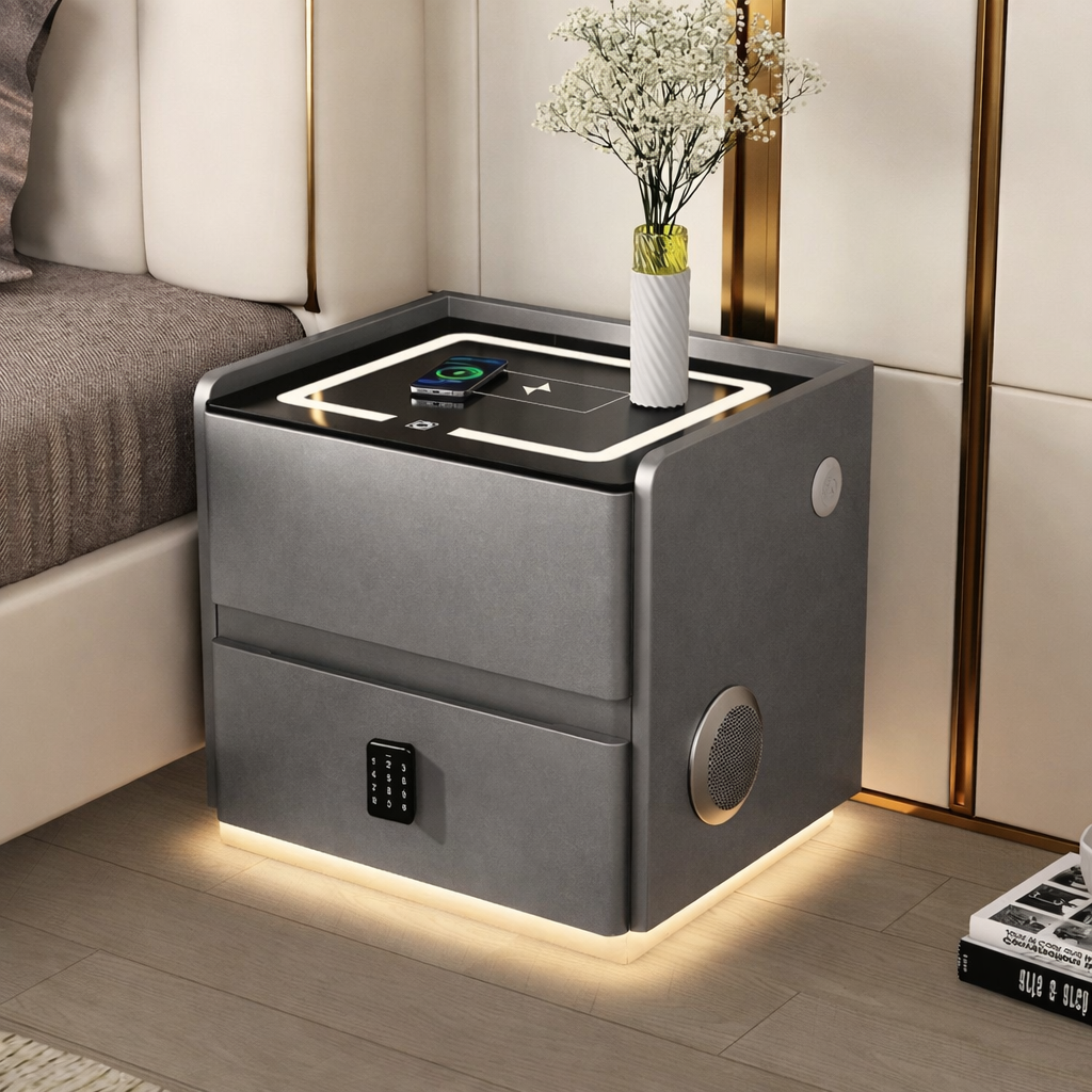 Тумба YJXF01 з екошкіри з LED підсвічуванням, USB, датчик руху, бездротова зарядка, Bluetooth-аудіо Сіра 50х40х47см 1 Тумба YJXF01 з екошкіри з LED підсвічуванням, USB, датчик руху, бездротова зарядка, Bluetooth-аудіо Сіра 50х40х47см