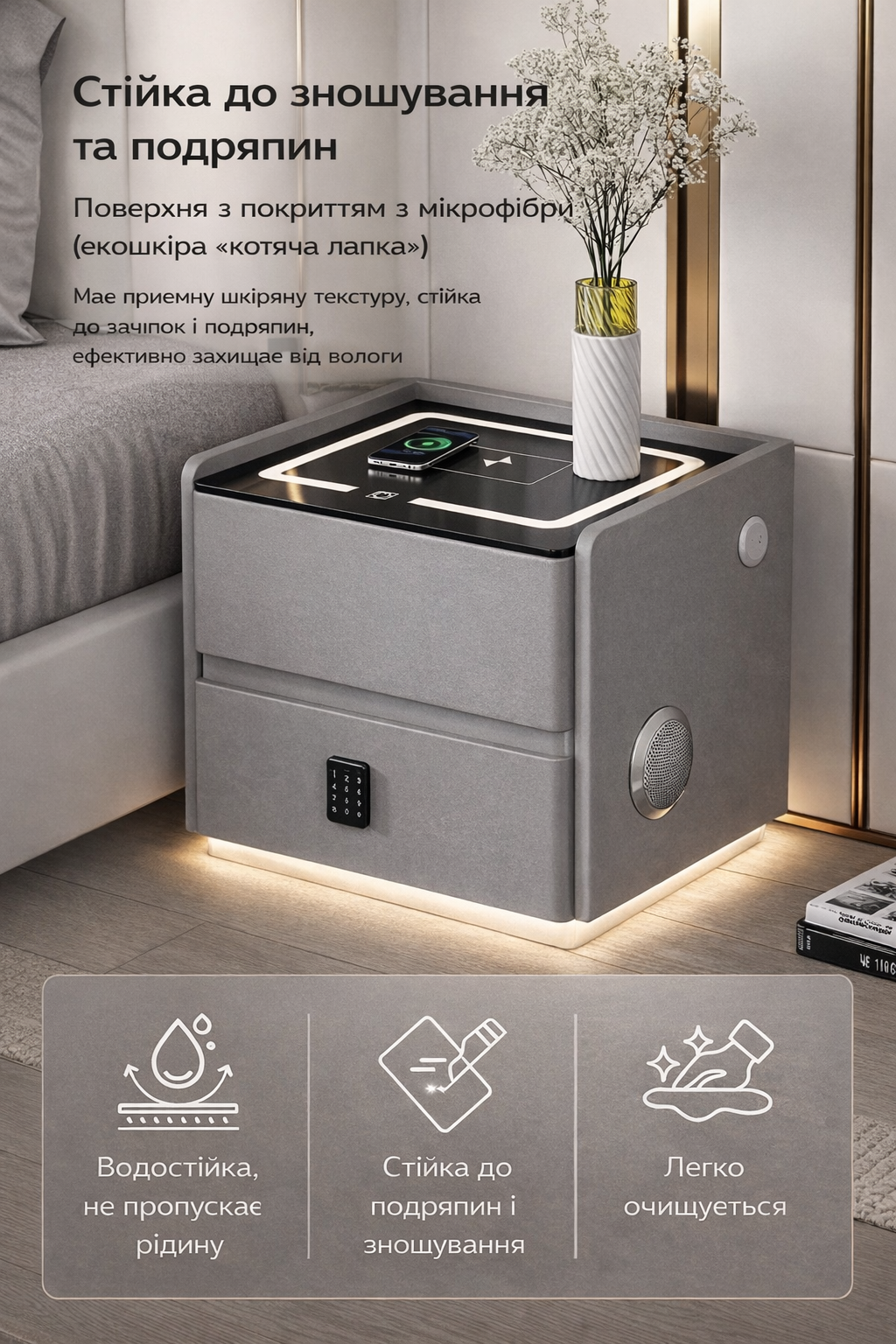 Тумба YJXF01 з екошкіри з LED підсвічуванням, USB, датчик руху, бездротова зарядка, Bluetooth-аудіо Сіра 50х40х47см 4 Тумба YJXF01 з екошкіри з LED підсвічуванням, USB, датчик руху, бездротова зарядка, Bluetooth-аудіо Сіра 50х40х47см - Зображення 4