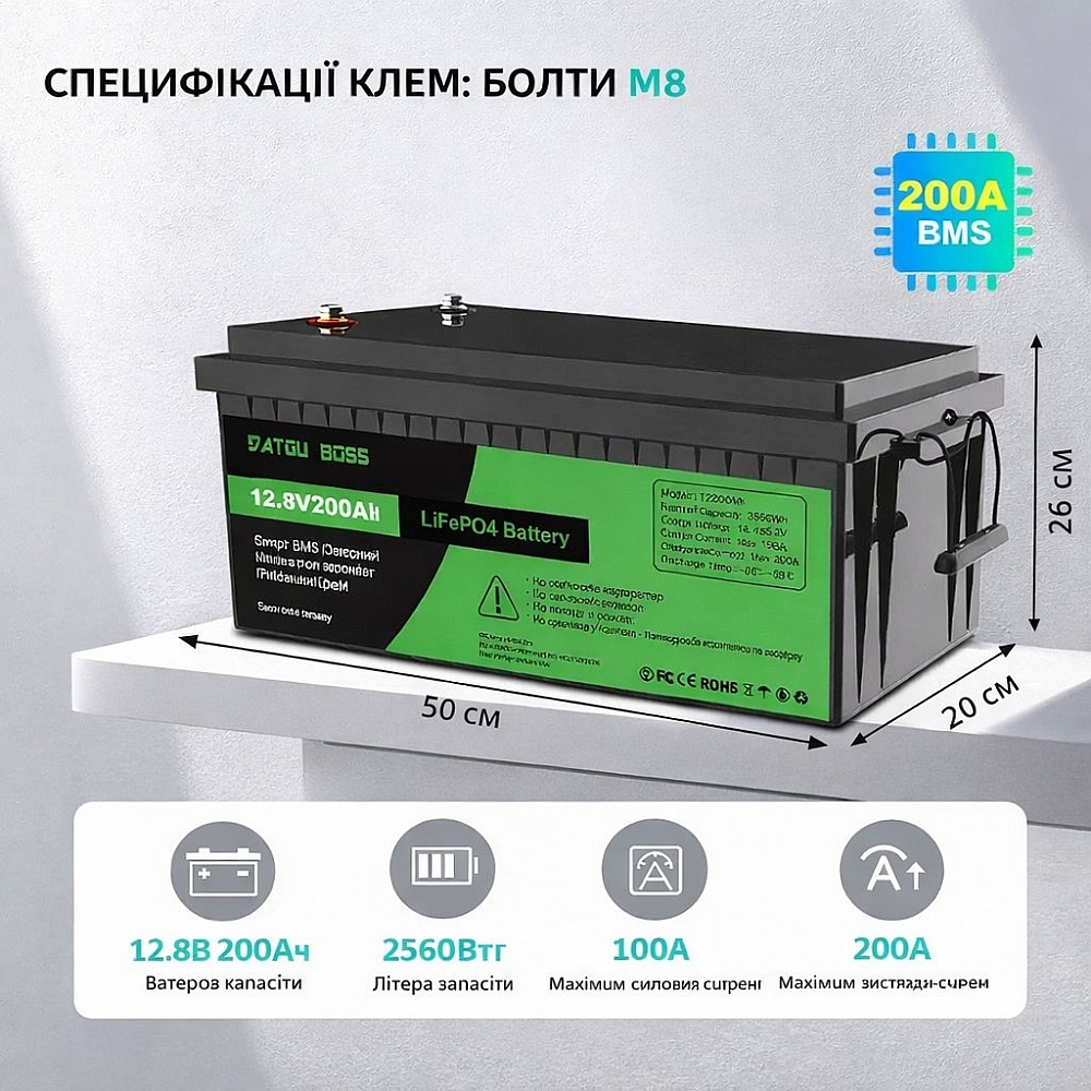 Акумулятор BATTERY liFePo4 для дому, квартири, ДБЖ та сонячних електростанцій / Акумулятор LiFePO4 200Ah 12.8V (літій-залізо-фосфатний, BMS) 5 Акумулятор BATTERY liFePo4 для дому, квартири, ДБЖ та сонячних електростанцій / Акумулятор LiFePO4 200Ah 12.8V (літій-залізо-фосфатний, BMS) - Зображення 5