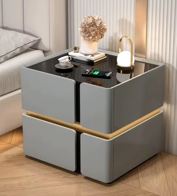 Приліжкова тумба з екошкіри з LED підсвічуванням, USB, датчик руху, бездротова зарядка, Bluetooth-аудіо Сіра 1 Приліжкова тумба з екошкіри з LED підсвічуванням, USB, датчик руху, бездротова зарядка, Bluetooth-аудіо Сіра