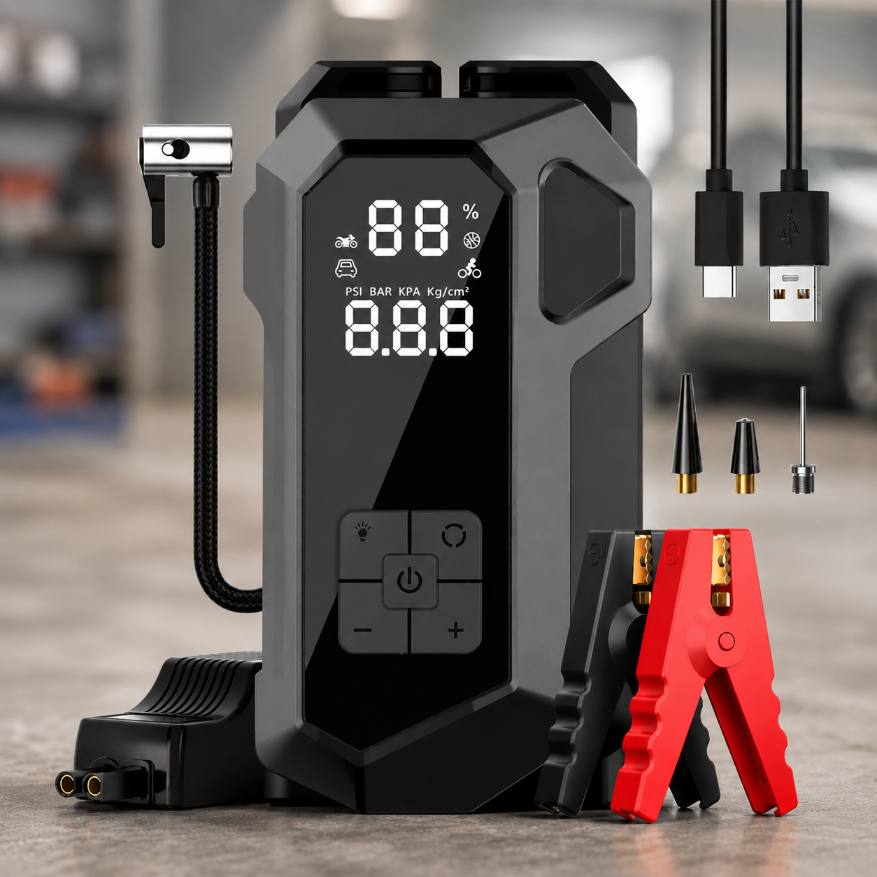 Пусковий пристрій з LED-підсвічуванням JUMP STARTER 18B 4в1 2000А 16000 мАг + компресор 1 Пусковий пристрій з LED-підсвічуванням JUMP STARTER 18B 4в1 2000А 16000 мАг + компресор