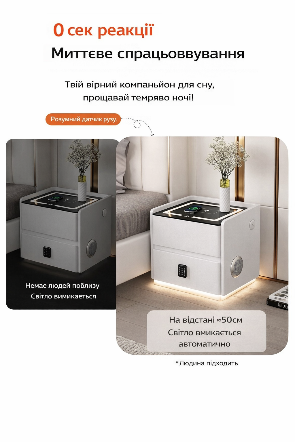 Тумба YJXF01 з екошкіри з LED підсвічуванням, USB, датчик руху, бездротова зарядка, Bluetooth-аудіо Біла 50х40х47см 5 Тумба YJXF01 з екошкіри з LED підсвічуванням, USB, датчик руху, бездротова зарядка, Bluetooth-аудіо Біла 50х40х47см - Зображення 5