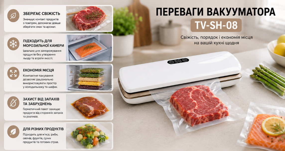 Вакууматор TV-SH-08 + пакети / Вакуумний пакувальник для продуктів 4 Вакууматор TV-SH-08 + пакети / Вакуумний пакувальник для продуктів - Зображення 4
