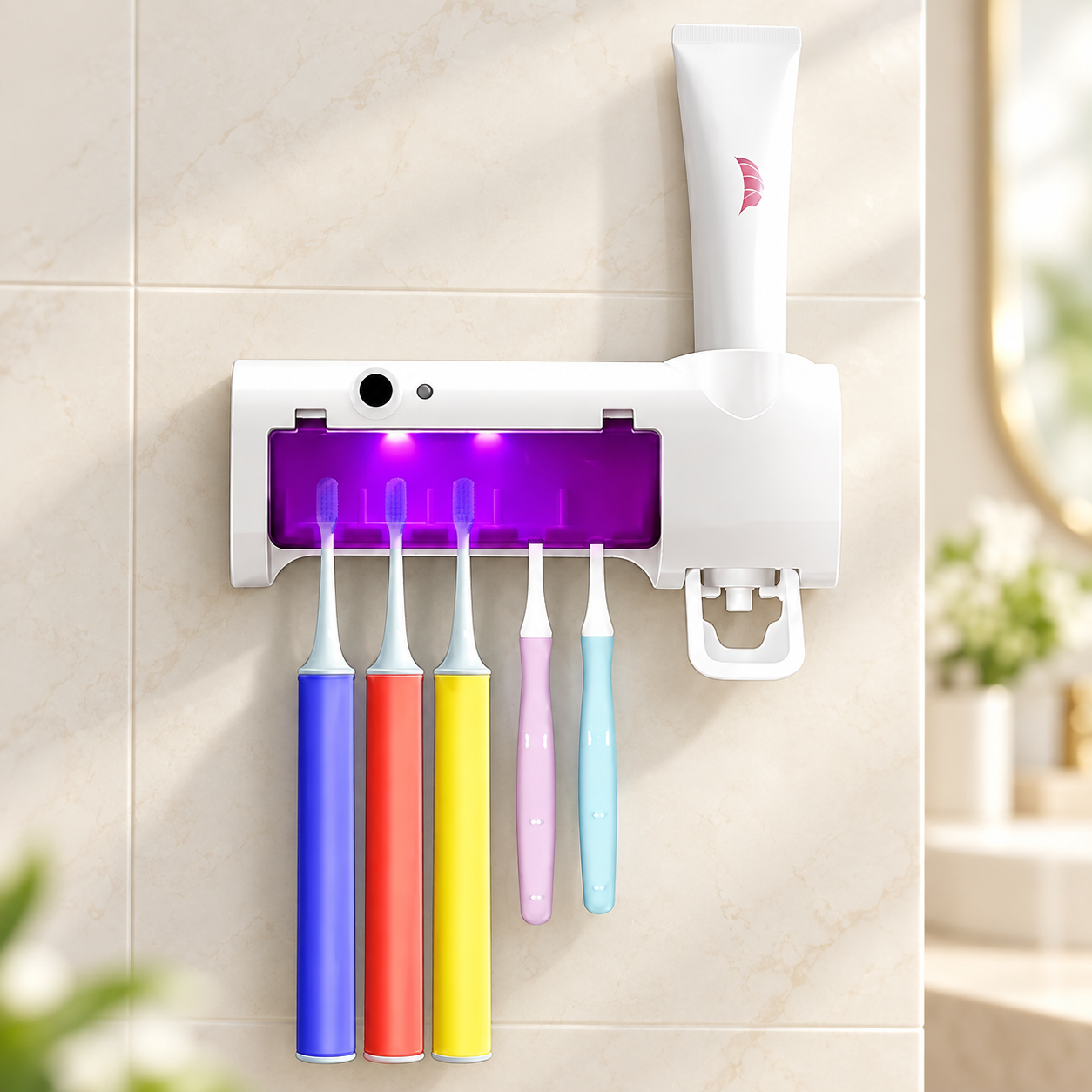 Ультрафіолетовий стерилізатор зубних щіток BRUSH STERILIZER / Тримач для зубних щіток і дозатором зубної пасти 1 Ультрафіолетовий стерилізатор зубних щіток BRUSH STERILIZER / Тримач для зубних щіток і дозатором зубної пасти