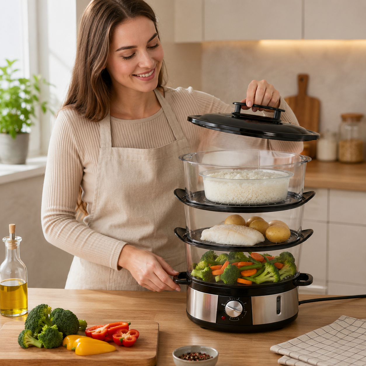 Електрична пароварка T.K. Line TK00269 3 яруси 12 л 2000 Вт + чаша для рису 2 Електрична пароварка T.K. Line TK00269 3 яруси 12 л 2000 Вт + чаша для рису - Зображення 2
