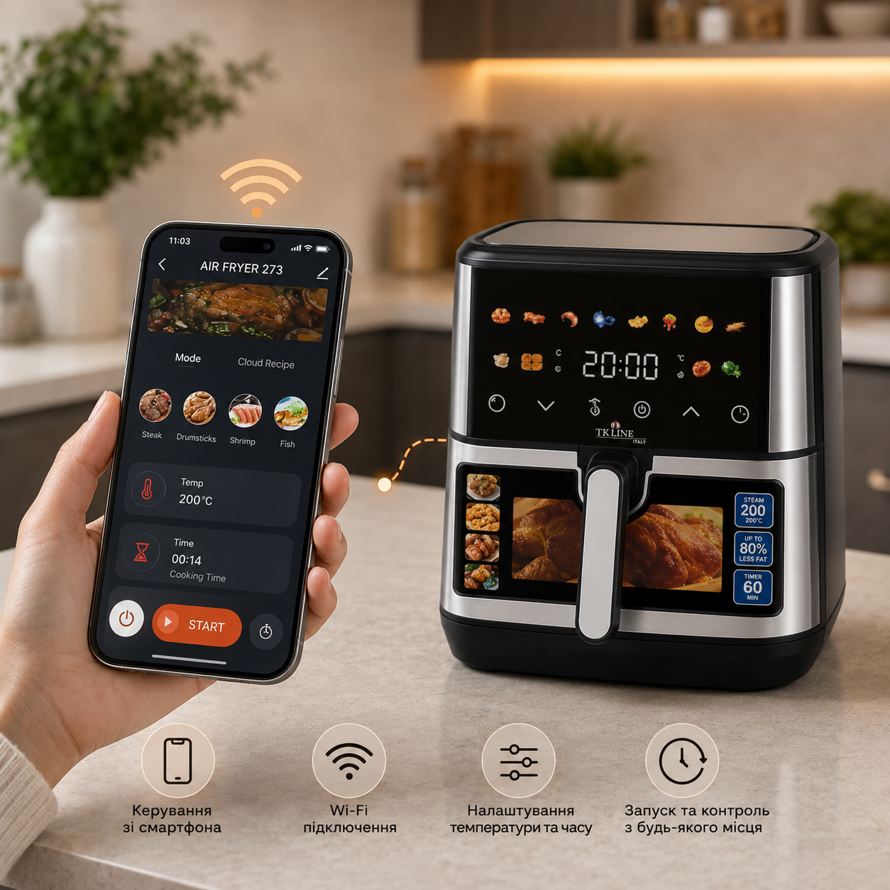 Аерофрітюрниця T.K.Line TK00273 12 л з Wi-Fi та керуванням через Tuya Smart / Аерогриль з двома тінами сенсорним керуванням 4200 Вт 2 Аерофрітюрниця T.K.Line TK00273 12 л з Wi-Fi та керуванням через Tuya Smart / Аерогриль з двома тінами сенсорним керуванням 4200 Вт - Зображення 2