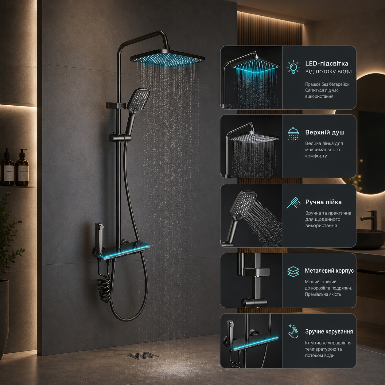 Душ/змішувач Faucet (CRH-8921 багатофункціональний з LED ГІДРОЕНЕРГЕТИКОЮ метал / Душова система з верхнім та ручним душем / Душова система для ванни 4 Душ/змішувач Faucet (CRH-8921 багатофункціональний з LED ГІДРОЕНЕРГЕТИКОЮ метал / Душова система з верхнім та ручним душем / Душова система для ванни - Зображення 4